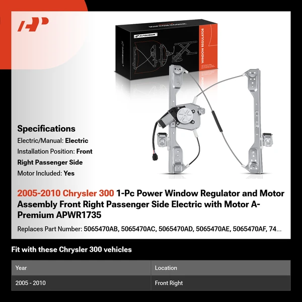 2005-2010 Chrysler 300 1-Pc Power Window Regulator and Motor Assembly Front Right Passenger Side Electric with Motor A-Premium APWR1735