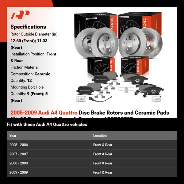 2005-2009 Audi A4 Quattro Disc Brake Rotors and Ceramic Pads Kit, 12 Pcs, Front & Rear, A-Premium, APBRPR595