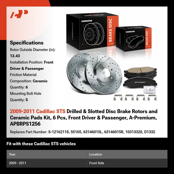 2009-2011 Cadillac STS Drilled & Slotted Disc Brake Rotors and Ceramic Pads Kit, 6 Pcs, Front Driver & Passenger, A-Premium, APBRPS1256