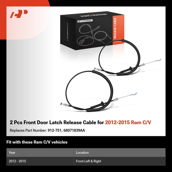 2 Pcs Front Door Latch Release Cable for 2012-2015 Ram C/V