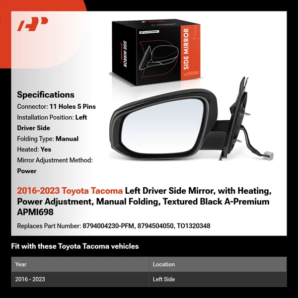 2016-2023 Toyota Tacoma Left Driver Side Mirror, with Heating, Power Adjustment, Manual Folding, Textured Black A-Premium APMI698