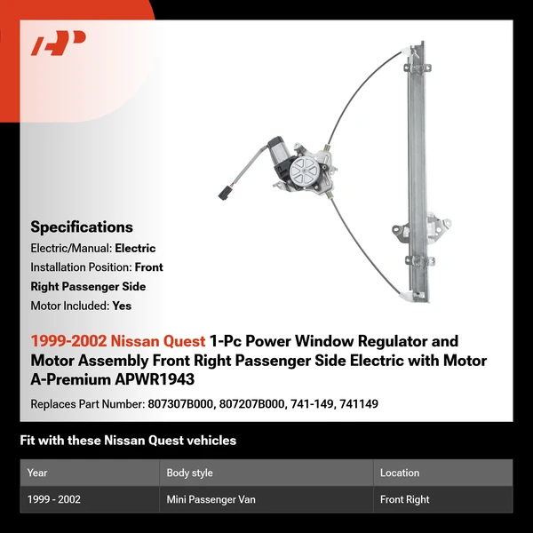 1999-2002 Nissan Quest 1-Pc Power Window Regulator and Motor Assembly Front Right Passenger Side Electric with Motor A-Premium APWR1943