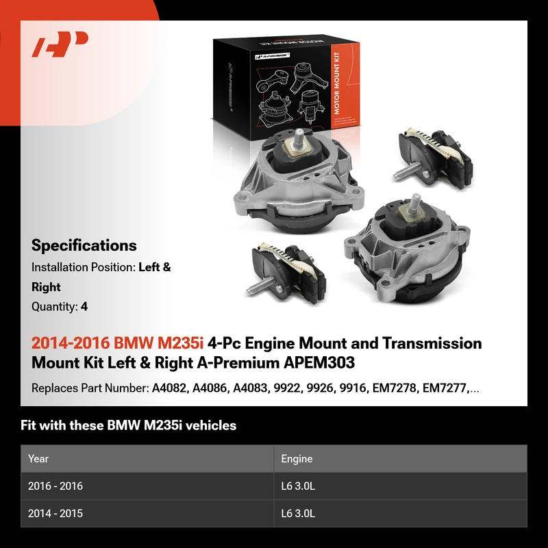 2014-2016 BMW M235i 4-Pc Engine Mount and Transmission Mount Kit Left & Right A-Premium APEM303