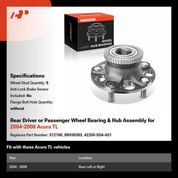 Rear Driver or Passenger Wheel Bearing & Hub Assembly for 2004-2008 Acura TL