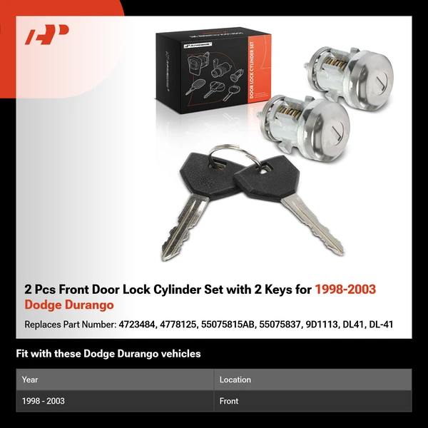 2 Pcs Front Door Lock Cylinder Set with 2 Keys for 1998-2003 Dodge Durango