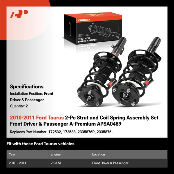 2010-2011 Ford Taurus 2-Pc Strut and Coil Spring Assembly Set Front Driver & Passenger A-Premium APSA0489