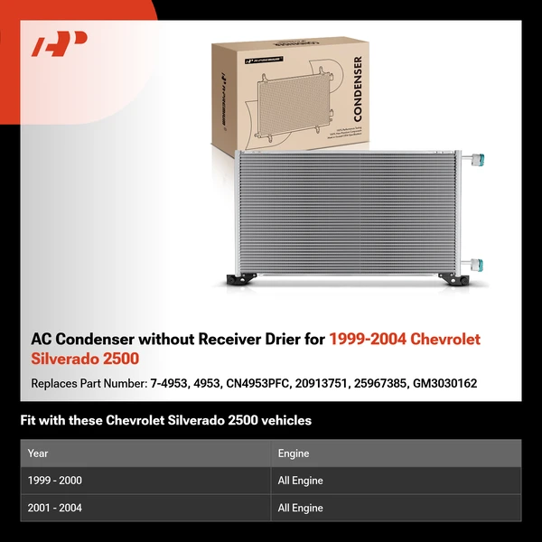AC Condenser without Receiver Drier for 1999-2004 Chevrolet Silverado 2500