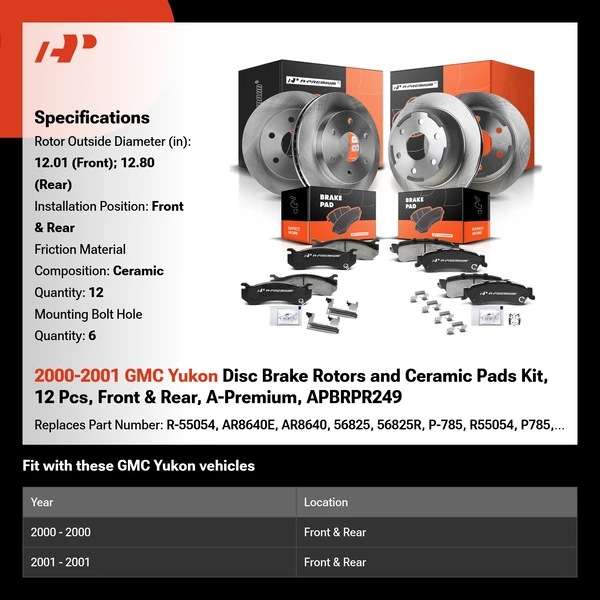 2000-2001 GMC Yukon Disc Brake Rotors and Ceramic Pads Kit, 12 Pcs, Front & Rear, A-Premium, APBRPR249