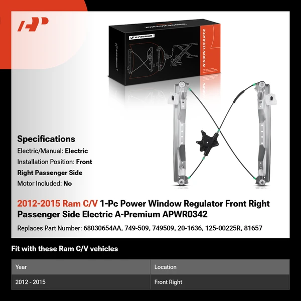 2012-2015 Ram C/V 1-Pc Power Window Regulator Front Right Passenger Side Electric A-Premium APWR0342