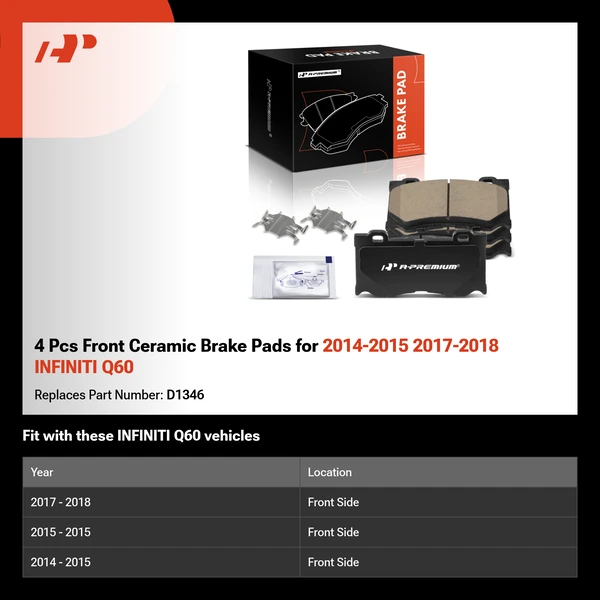 4 Pcs Front Ceramic Brake Pads for 2014-2015 2017-2018 INFINITI Q60