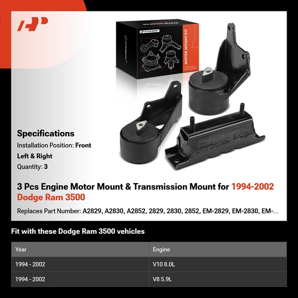 3 Pcs Engine Motor Mount & Transmission Mount for 1994-2002 Dodge Ram 3500