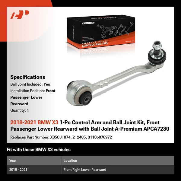 2018-2021 BMW X3 1-Pc Control Arm and Ball Joint Kit, Front Passenger Lower Rearward with Ball Joint A-Premium APCA7230
