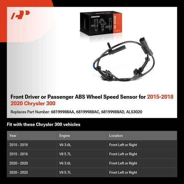 Front Driver or Passenger ABS Wheel Speed Sensor for 2015-2018 2020 Chrysler 300