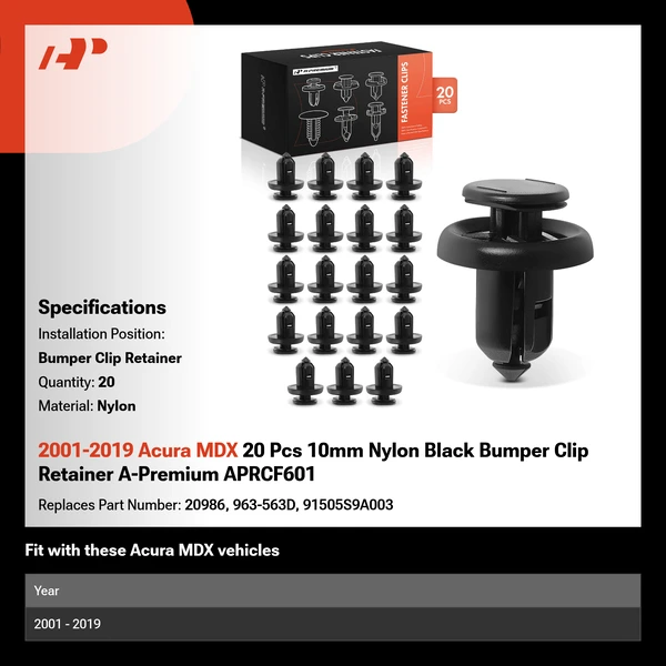 2001-2019 Acura MDX 20 Pcs 10mm Nylon Black Bumper Clip Retainer A-Premium APRCF601