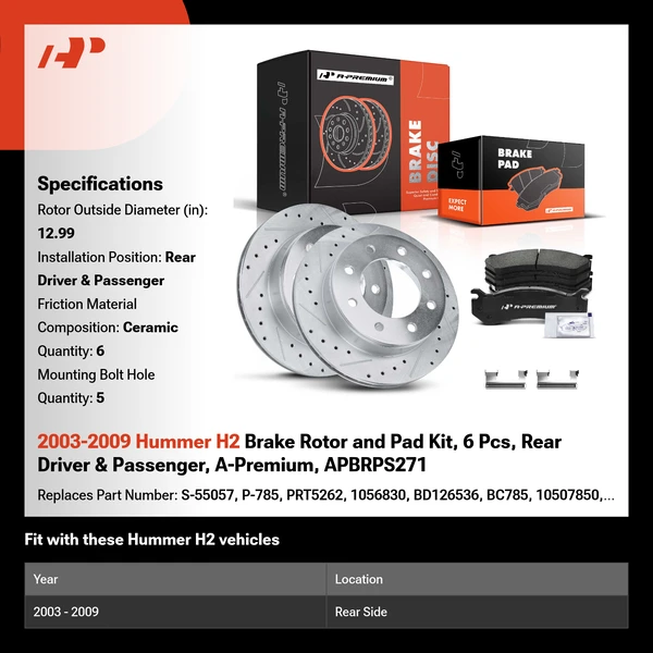 2003-2009 Hummer H2 Brake Rotor and Pad Kit, 6 Pcs, Rear Driver & Passenger, A-Premium, APBRPS271