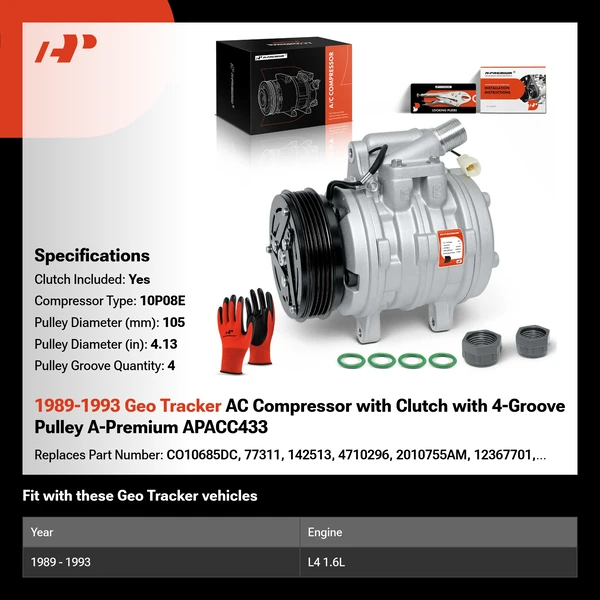 1989-1993 Geo Tracker AC Compressor with Clutch with 4-Groove Pulley A-Premium APACC433