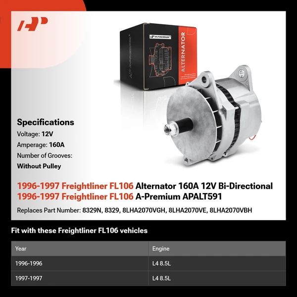 1996-1997 Freightliner FL106 Alternator 160A 12V Bi-Directional 1996-1997 Freightliner FL106 A-Premium APALT591