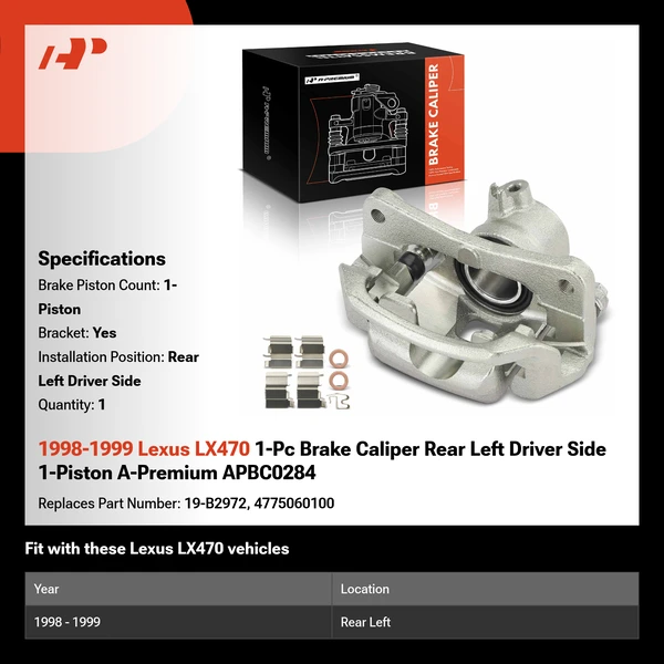 1998-1999 Lexus LX470 1-Pc Brake Caliper Rear Left Driver Side 1-Piston A-Premium APBC0284