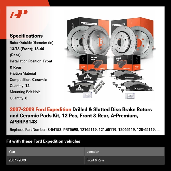 2007-2009 Ford Expedition Drilled & Slotted Disc Brake Rotors and Ceramic Pads Kit, 12 Pcs, Front & Rear, A-Premium, APBRPS143