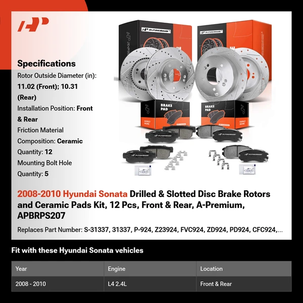 2008-2010 Hyundai Sonata Drilled & Slotted Disc Brake Rotors and Ceramic Pads Kit, 12 Pcs, Front & Rear, A-Premium, APBRPS207