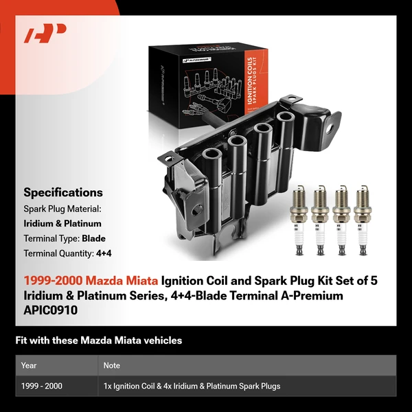 1999-2000 Mazda Miata Ignition Coil and Spark Plug Kit Set of 5 Iridium & Platinum Series, 4+4-Blade Terminal A-Premium APIC0910