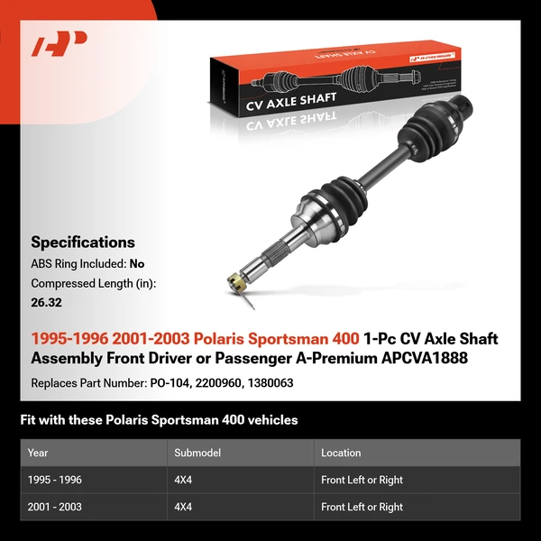 1995-1996 2001-2003 Polaris Sportsman 400 1-Pc CV Axle Shaft Assembly Front Driver or Passenger A-Premium APCVA1888