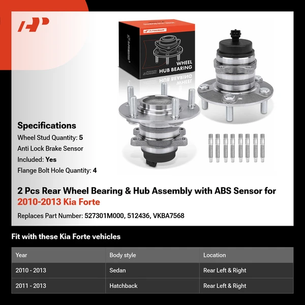 2 Pcs Rear Wheel Bearing & Hub Assembly with ABS Sensor for 2010-2013 Kia Forte