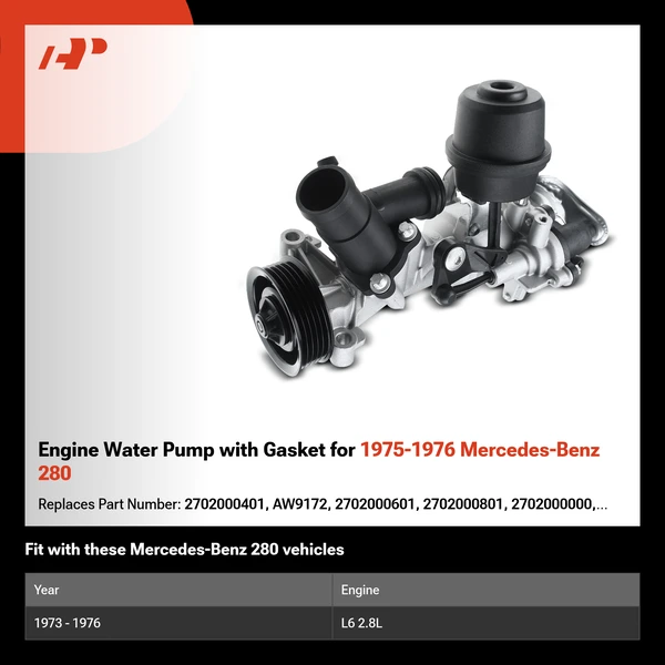 Engine Water Pump with Gasket for 1975-1976 Mercedes-Benz 280