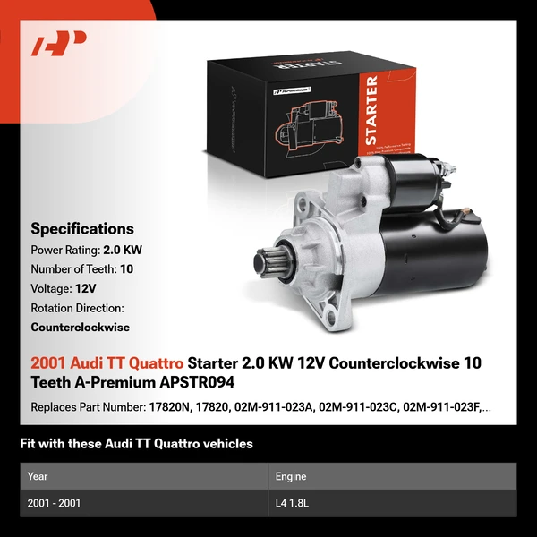 2001 Audi TT Quattro Starter 2.0 KW 12V Counterclockwise 10 Teeth A-Premium APSTR094