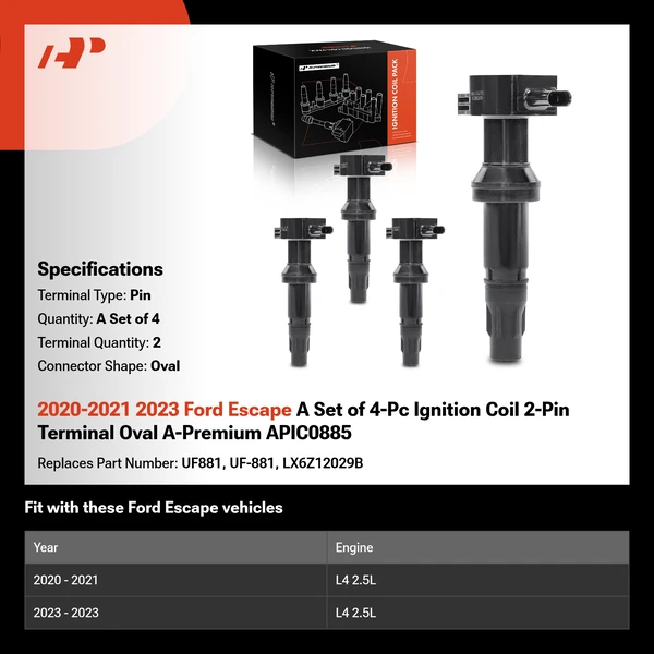 2020-2021 2023 Ford Escape A Set of 4-Pc Ignition Coil 2-Pin Terminal Oval A-Premium APIC0885