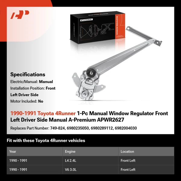 1990-1991 Toyota 4Runner 1-Pc Manual Window Regulator Front Left Driver Side Manual A-Premium APWR2627