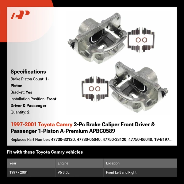 1997-2001 Toyota Camry 2-Pc Brake Caliper Front Driver & Passenger 1-Piston A-Premium APBC0589