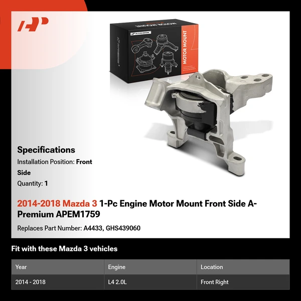 2014-2018 Mazda 3 1-Pc Engine Motor Mount Front Side A-Premium APEM1759