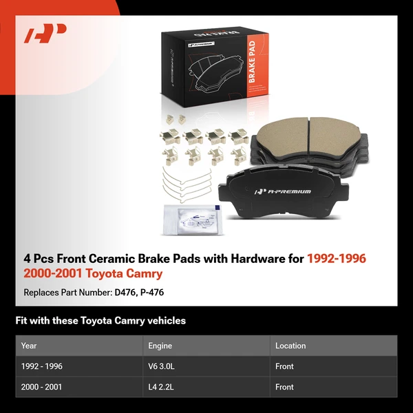 4 Pcs Front Ceramic Brake Pads with Hardware for 1992-1996 2000-2001 Toyota Camry