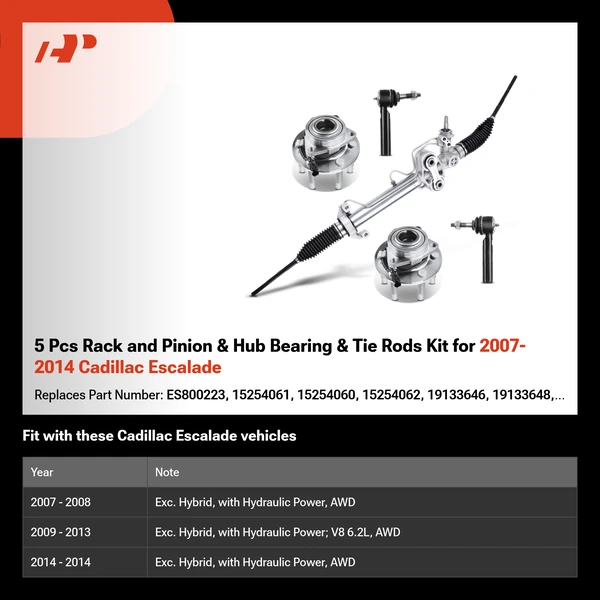 5 Pcs Rack and Pinion & Hub Bearing & Tie Rods Kit for 2007-2014 Cadillac Escalade