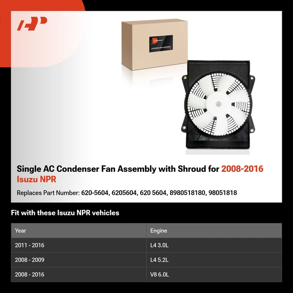 Single AC Condenser Fan Assembly with Shroud for 2008-2016 Isuzu NPR