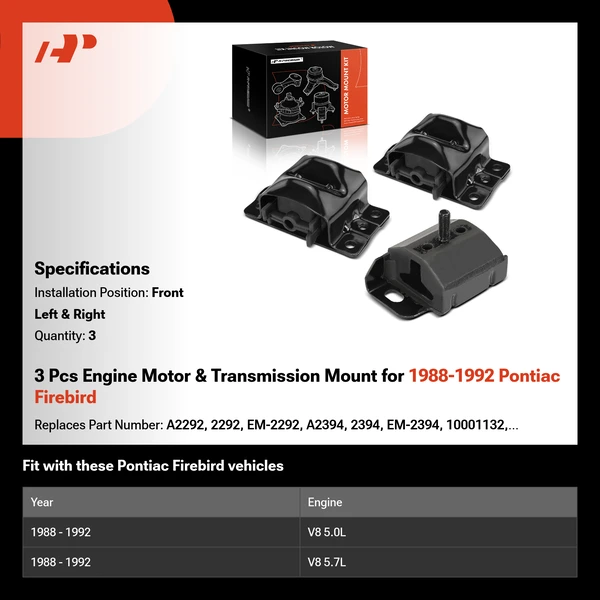 3 Pcs Engine Motor & Transmission Mount for 1988-1992 Pontiac Firebird