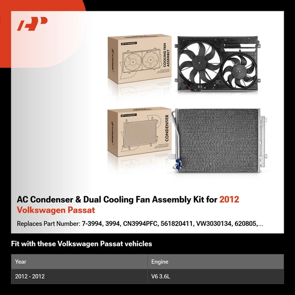 AC Condenser & Dual Cooling Fan Assembly Kit for 2012 Volkswagen Passat