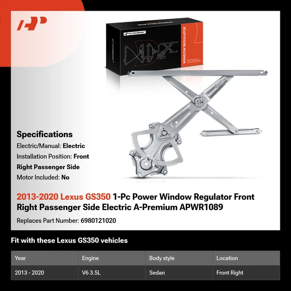 2013-2020 Lexus GS350 1-Pc Power Window Regulator Front Right Passenger Side Electric A-Premium APWR1089