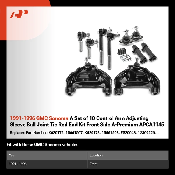 1991-1996 GMC Sonoma A Set of 10 Control Arm Adjusting Sleeve Ball Joint Tie Rod End Kit Front Side A-Premium APCA1145