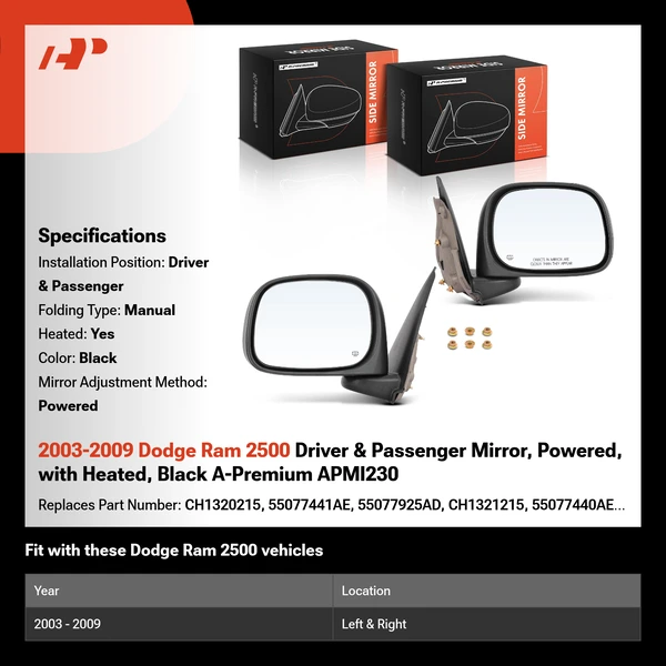 2003-2009 Dodge Ram 2500 Driver & Passenger Mirror, Powered, with Heated, Black A-Premium APMI230