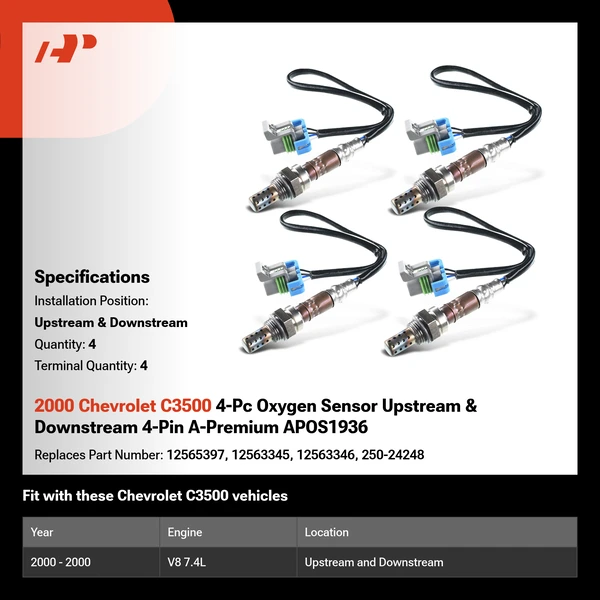 2000 Chevrolet C3500 4-Pc Oxygen Sensor Upstream & Downstream 4-Pin A-Premium APOS1936