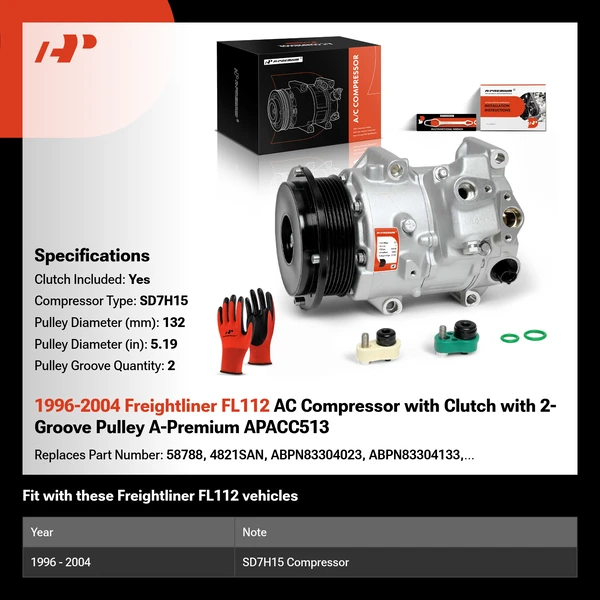 1996-2004 Freightliner FL112 AC Compressor with Clutch with 2-Groove Pulley A-Premium APACC513