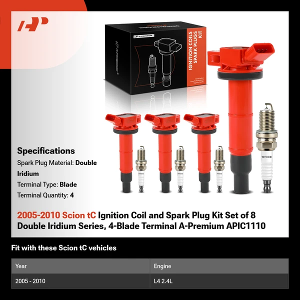 2005-2010 Scion tC Ignition Coil and Spark Plug Kit Set of 8 Double Iridium Series, 4-Blade Terminal A-Premium APIC1110