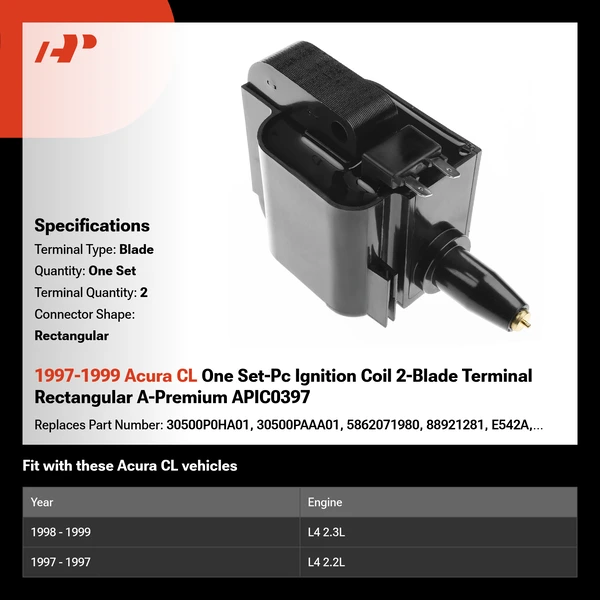 1997-1999 Acura CL One Set-Pc Ignition Coil 2-Blade Terminal Rectangular A-Premium APIC0397