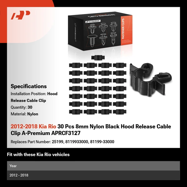 2012-2018 Kia Rio 30 Pcs 8mm Nylon Black Hood Release Cable Clip A-Premium APRCF3127