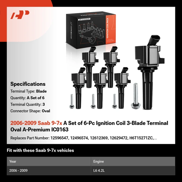 2006-2009 Saab 9-7x A Set of 6-Pc Ignition Coil 3-Blade Terminal Oval A-Premium IC0163