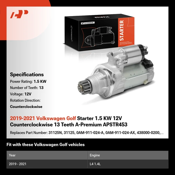 2019-2021 Volkswagen Golf Starter 1.5 KW 12V Counterclockwise 13 Teeth A-Premium APSTR453