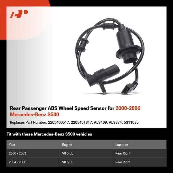 Rear Passenger ABS Wheel Speed Sensor for 2000-2006 Mercedes-Benz S500