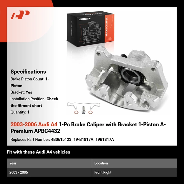 2003-2006 Audi A4 1-Pc Brake Caliper with Bracket 1-Piston A-Premium APBC4432